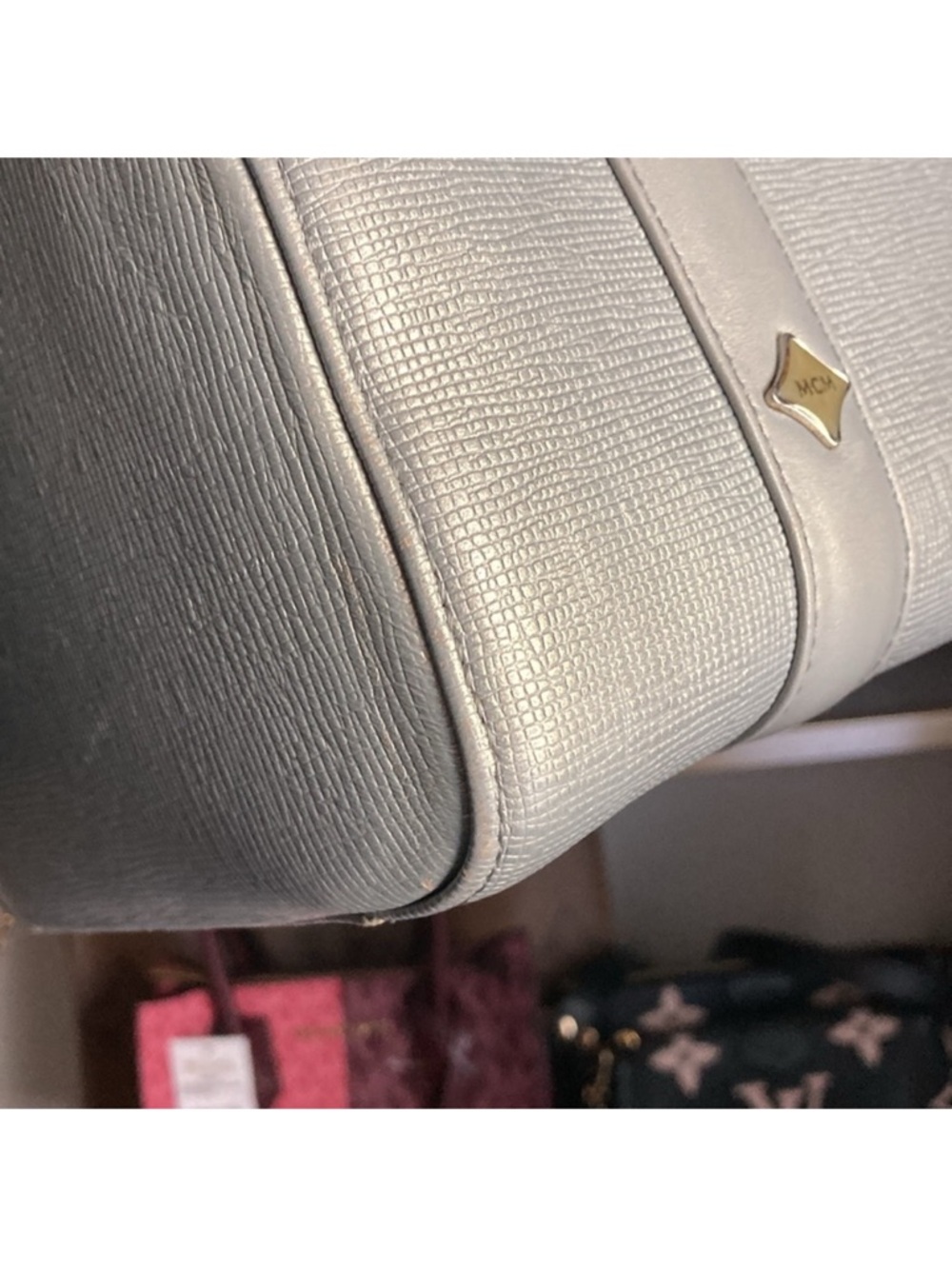 AUTHENTIC MCM 🩶Silver Studded Saffiano leather Boston Handbag EUC - Picture 8 of 16